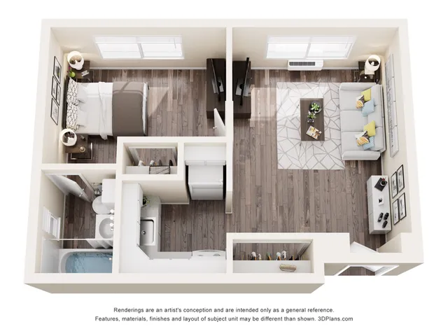 Charming 1-bedroom apartment floor plan with cozy living room, modern kitchen, and elegant bathroom.
