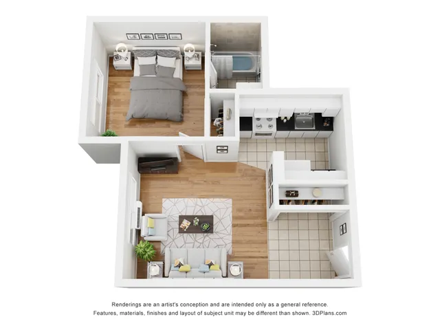 Modern 3D floor plan showcasing a luxurious one-bedroom apartment with a spacious open-plan living area, sleek kitchen, and cozy bathroom.