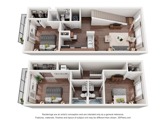 Chic duplex floor plan showcasing 2 bedrooms, spacious living area, open kitchen, and modern bathrooms with elegant interiors.