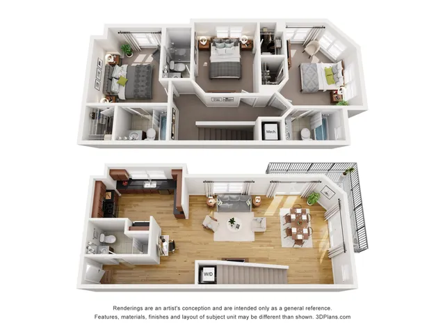 Chic two-level apartment floor plan featuring three bedrooms, open-concept living and dining area, modern kitchen, and private balcony for ultimate comfort and style.