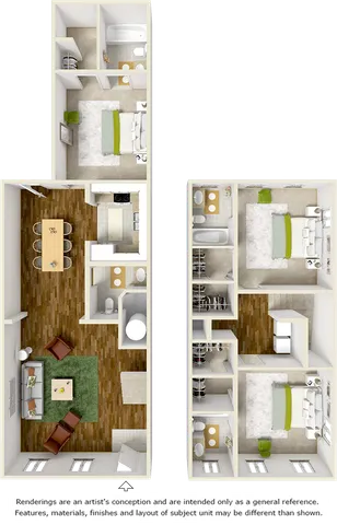 Elegant floor plan showcasing a two-level apartment with modern decor, featuring a spacious kitchen, cozy living area, two comfortable bedrooms, and two luxurious bathrooms.