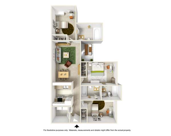 Elegant 3D floor plan featuring 3 spacious bedrooms, an inviting open-concept living and dining area, a modern kitchen, and dual bathrooms with premium finishes.