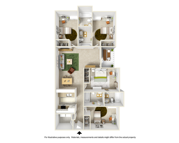 Modern 3D floor plan featuring three bedrooms, two bathrooms, a spacious living room, an open kitchen, and a cozy dining area, designed for comfort and elegance.