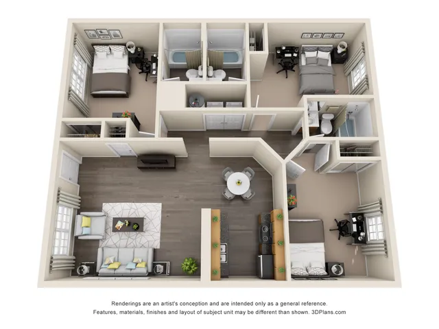 Modern 3D floor plan showcasing 2 bedrooms, 2 bathrooms, a spacious living room, and an open kitchen with dining area.