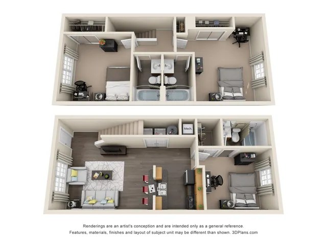 Modern 2-level apartment floor plan featuring 3 cozy bedrooms, 2 stylish bathrooms, an open-plan living room, and a sleek kitchen with island seating.