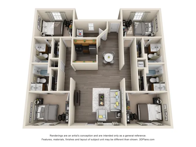 Modern 3D floor plan featuring three spacious bedrooms, two elegant bathrooms, a sleek kitchen, and an inviting living area, designed for comfort and style.