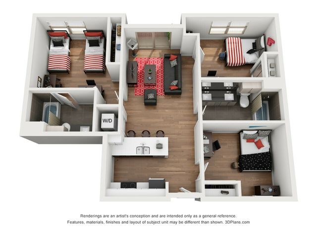 Modern 3D floor plan showcasing 3 cozy bedrooms, a sleek kitchen with bar seating, and a comfortable living area, ideal for contemporary living.