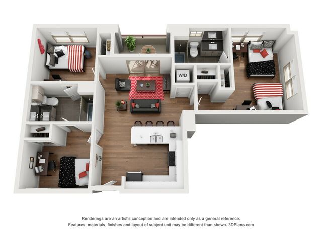 Modern 3D floor plan showcasing 3 bedrooms, an inviting open-concept living space, sleek kitchen with island, and two stylish bathrooms.