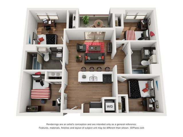 Modern 3D floor plan featuring three bedrooms, two bathrooms, open-concept living area, and stylish kitchen with a breakfast bar.