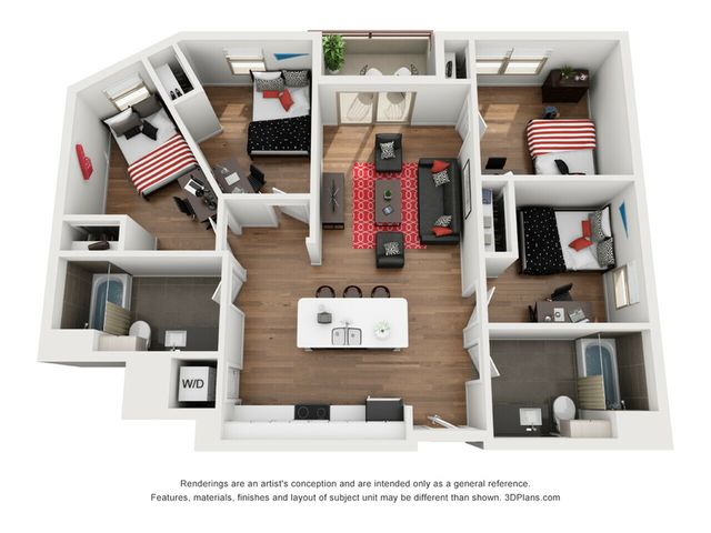 3D rendered floor plan showcasing a stylish apartment with three cozy bedrooms, an open-concept living and dining area, a sleek kitchen with an island, and two modern bathrooms. Perfect for comfortable city living.