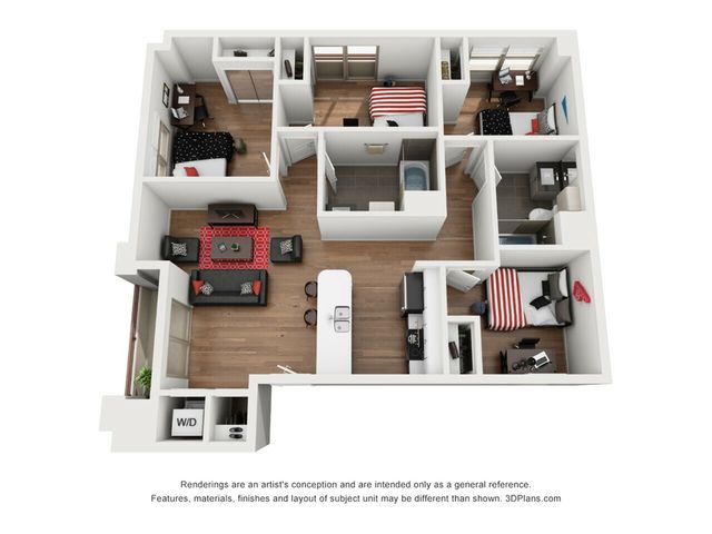 Modern 3D floor plan showcasing three bedrooms, stylish open living area, and elegant kitchen with island seating.