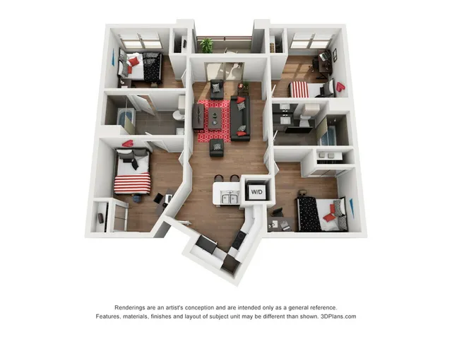 Elegant 3D floor plan showcasing three cozy bedrooms, an inviting open-plan living area, modern kitchen, and two stylish bathrooms.