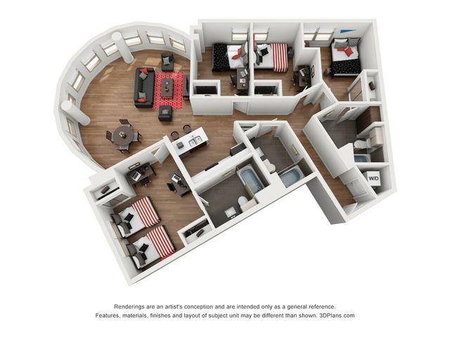 Elegant 3D floor plan showcasing a modern apartment with three bedrooms, two bathrooms, and a stylish open-concept living area featuring a curved window space.