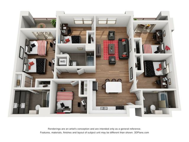 Modern 3D floor plan featuring 3 elegant bedrooms, integrated living and dining spaces, and a functional kitchen, perfect for stylish urban living.