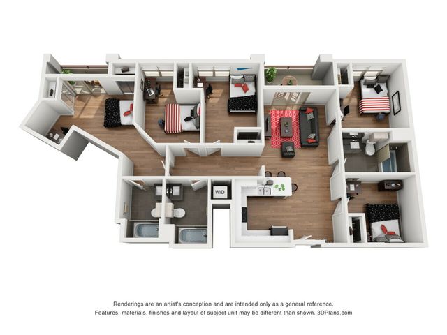 Modern 3D floor plan featuring 3 bedrooms, open-concept living and dining area, spacious kitchen, and dual bathrooms with luxurious finishes.