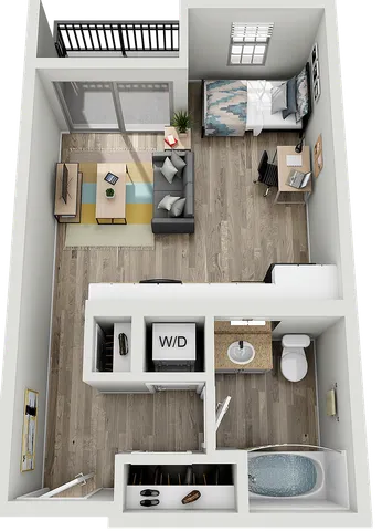 Modern studio apartment floor plan with a cozy living area, stylish bedroom, efficient kitchen, and a sleek bathroom. Includes private balcony access and in-unit washer/dryer.
