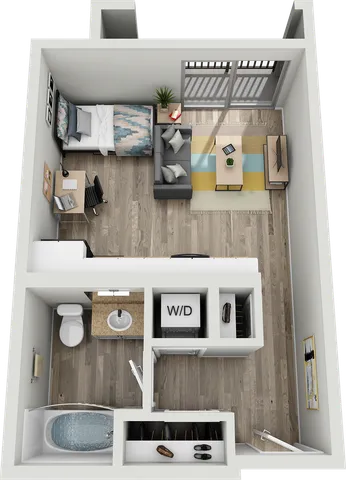 Cozy studio apartment floor plan featuring an open living area, modern kitchen, and integrated laundry space.