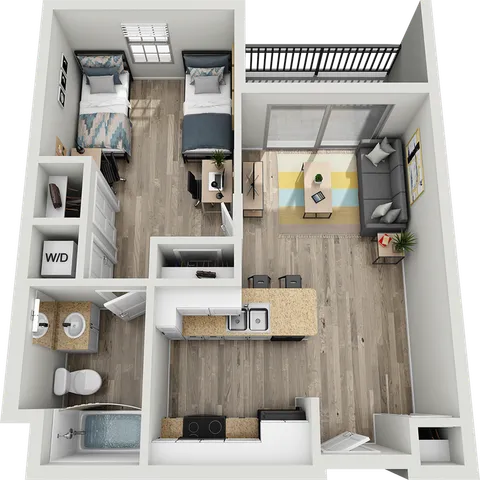 Modern 1-bedroom apartment floor plan featuring an open-concept kitchen and living area, spacious bathroom, and cozy balcony.