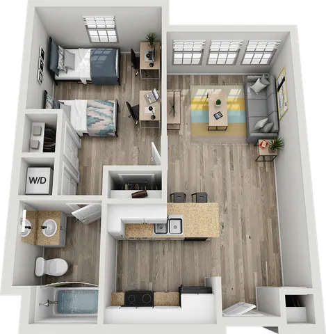 Modern 2D floor plan showcasing 1-bedroom, open-plan living area with sleek kitchen, dedicated workspace, and spacious bathroom.