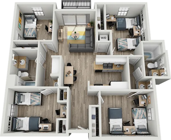 Contemporary 3D apartment floor plan featuring three spacious bedrooms, a bright open living area, modern kitchen, and two elegant bathrooms.