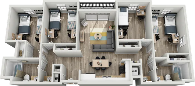 Modern floor plan showcasing 4 bedrooms, spacious open living area, and stylish kitchen with sleek design.