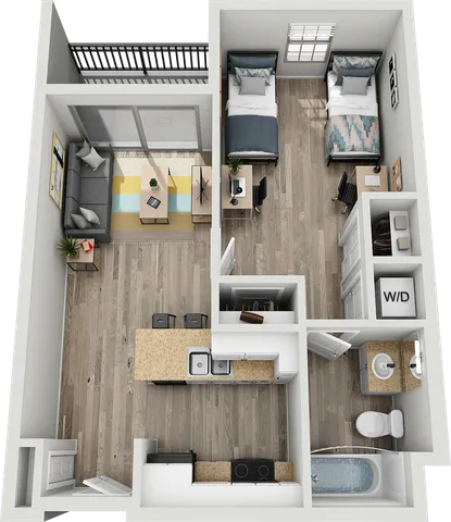 Modern 2D apartment floor plan showcasing a cozy living area with a balcony, two bedrooms, an open kitchen with an island, and a stylish bathroom.