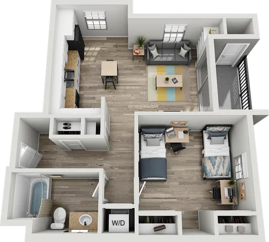 Modern 3D floor plan featuring two cozy bedrooms, a stylish open-concept living area with a contemporary kitchen, and a spacious bathroom. Includes a balcony for outdoor relaxation.