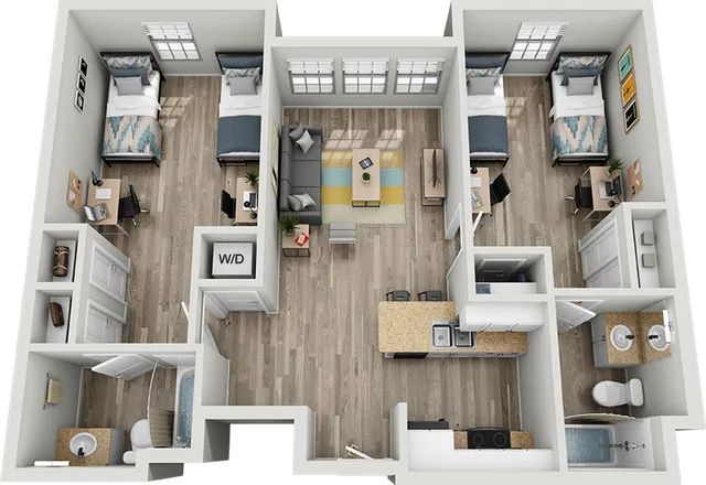Modern 3D floor plan showcasing 2 spacious bedrooms, an inviting living room, well-equipped kitchen, and 2 bathrooms.