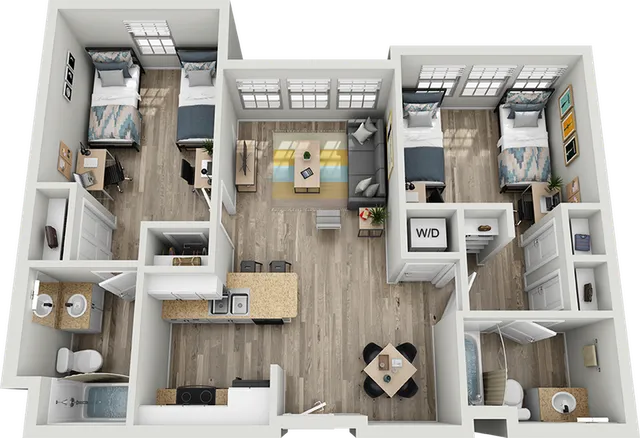 Contemporary 3D floor plan showcasing three spacious bedrooms, an open living area, modern kitchen with island, and convenient in-unit laundry.