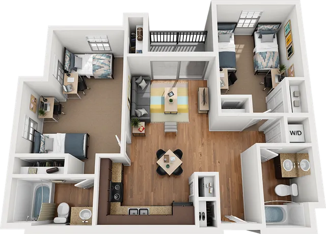 Modern 3D floor plan showcasing 3 cozy bedrooms, open living and dining area, with a stylish kitchen and two bathrooms, perfect for family living.