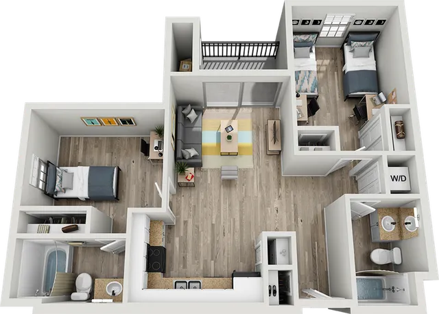 Chic 3D floor plan showcasing 2 bedrooms, a cozy living room, modern kitchen, and dual bathrooms with stylish interiors.