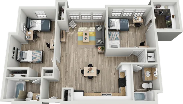 Modern apartment 3D floor plan showcasing 3 bedrooms, spacious living room with natural light, and elegant kitchen design.