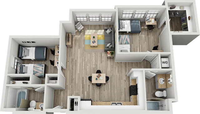 Contemporary 3D floor plan showcasing 2 bedrooms, a cozy living area, modern kitchen, and 2 bathrooms, highlighting elegant hardwood flooring and ample natural light.