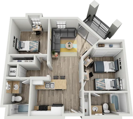 Modern 3D floor plan showcasing 2 bedrooms, a cozy living room, stylish kitchen, and two bathrooms with a balcony view.