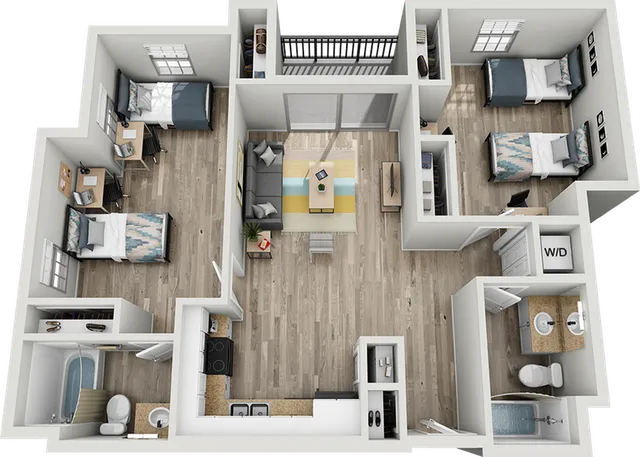 Modern 3-bedroom apartment floor plan with open living area, elegant kitchen, and dual bathrooms.