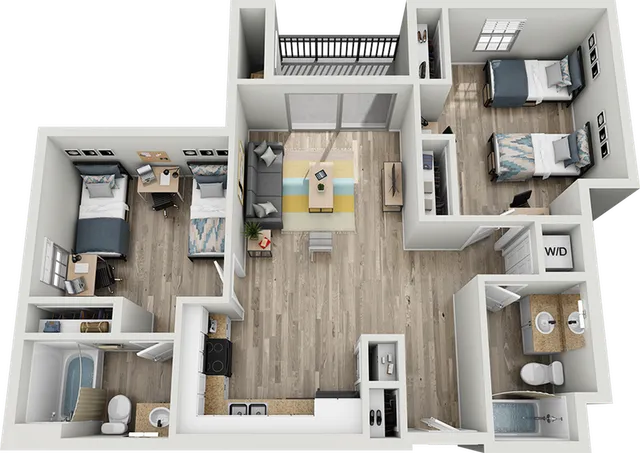 Modern 3D floor plan showcasing 2 bedrooms, an inviting open-plan living area, stylish kitchen, and 2 bathrooms with premium fixtures.