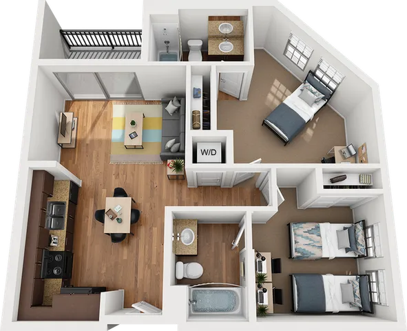 Modern 3D floor plan showcasing two bedrooms, two bathrooms, an open-concept living and dining area, and a sleek kitchen, complete with private balcony access.