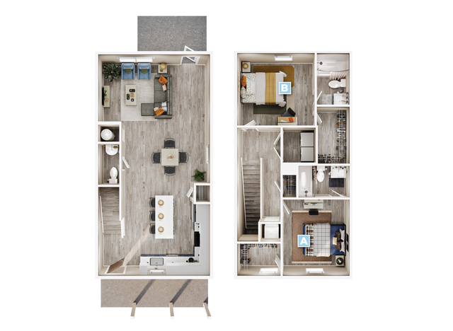 Modern dual-level floor plan showcasing 3 bedrooms, open-concept living and dining area, and a sleek kitchen design.