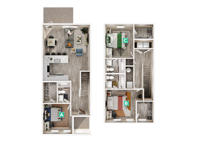 Contemporary 2D floor plan showcasing a two-story apartment with three bedrooms, stylish open kitchen, cozy living area, and multiple bathrooms.