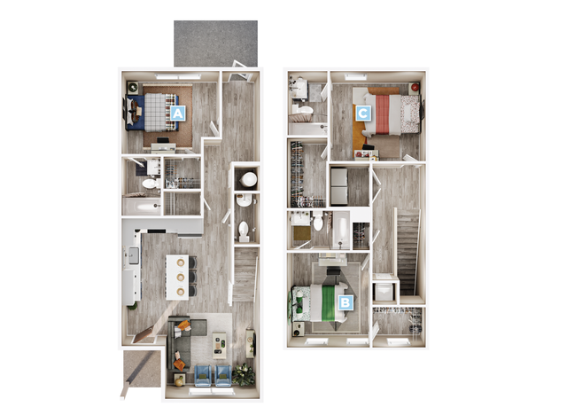 Modern two-level floor plan featuring three bedrooms, open-concept kitchen and living area, and sleek design with ample storage options.