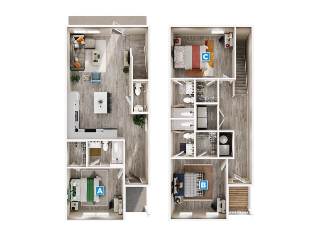 Elegant duplex floor plan showcasing three bedrooms, an inviting open-plan living area, and a chic modern kitchen, perfect for stylish urban living.