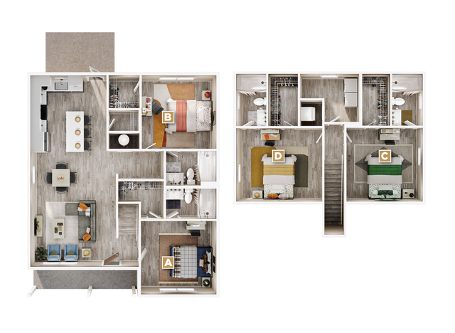 Chic two-story floor plan featuring four bedrooms, expansive living and dining areas, and a modern kitchen, perfect for stylish living.