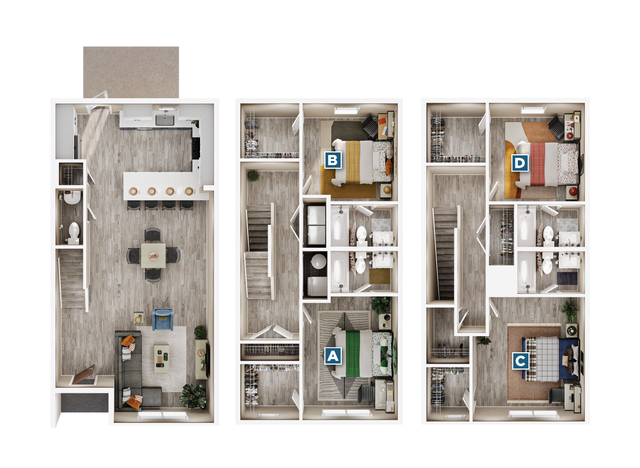 Modern 3-floor apartment layout with stylish open-concept living area, four cozy bedrooms, and sleek kitchen. Perfect for spacious urban living.