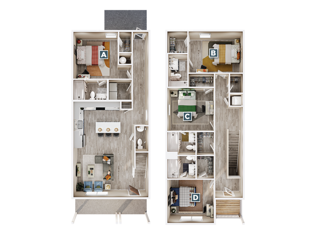 Modern two-story apartment floor plan featuring 4 spacious bedrooms, an elegant open-concept living area, island kitchen with bar seating, and multiple bathrooms for convenience and luxury.