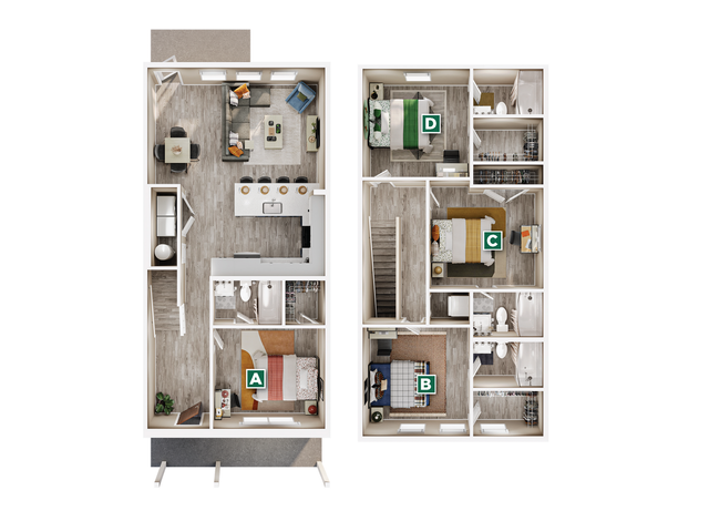 Modern 2-floor apartment layout showcasing 4 bedrooms, a sleek open-concept kitchen, and spacious living area.