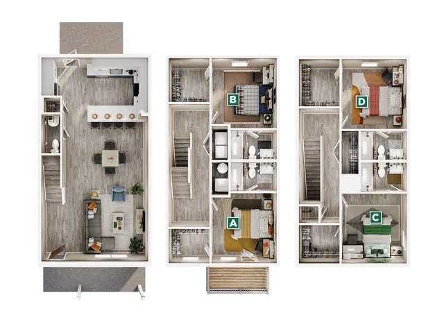 Modern 3D floor plan showcasing three levels with spacious living and dining area, four cozy bedrooms, and elegant bathrooms.