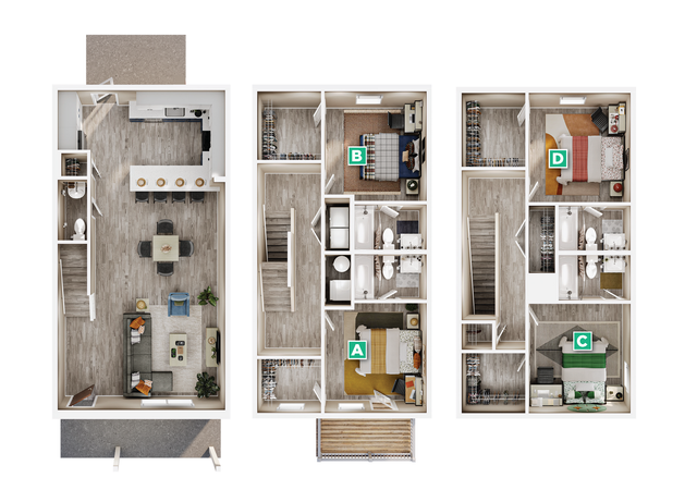 Modern multi-level floor plan featuring an open-concept kitchen and living room, three spacious bedrooms, and multiple bathrooms, ideal for stylish family living.