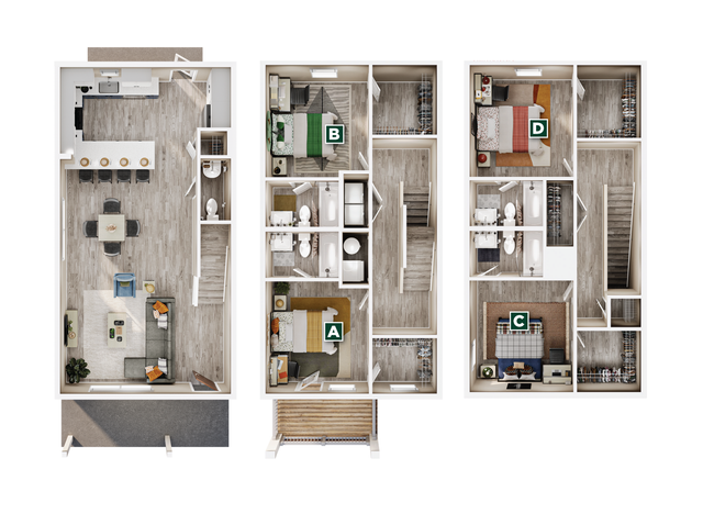 Modern floor plan showcasing a spacious home with three bedrooms, open kitchen with breakfast bar, stylish dining area, and cozy living room.