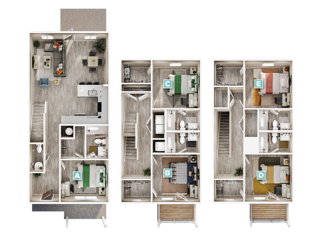 Modern floor plan showcasing multi-level living with five bedrooms, spacious open living area, stylish kitchen, and dedicated dining space.