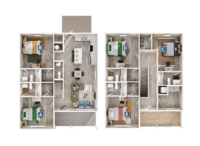 Modern 2D floor plan showcasing a spacious layout with five bedrooms, sleek kitchen, and inviting living area, perfect for contemporary living.